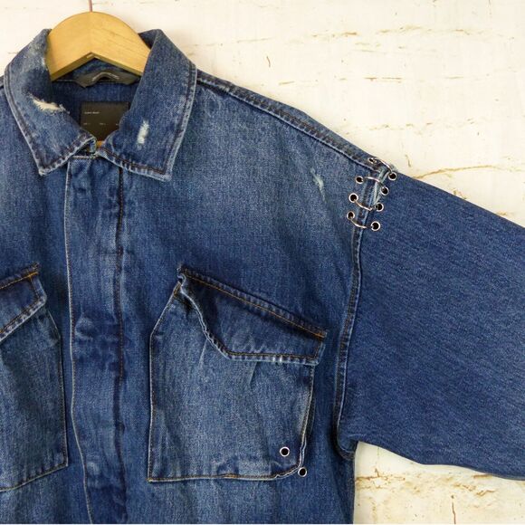 Zara Man 1975 Denim Field Jacket Men L Blue Utility Distress Embellished Grunge - Picture 7 of 14